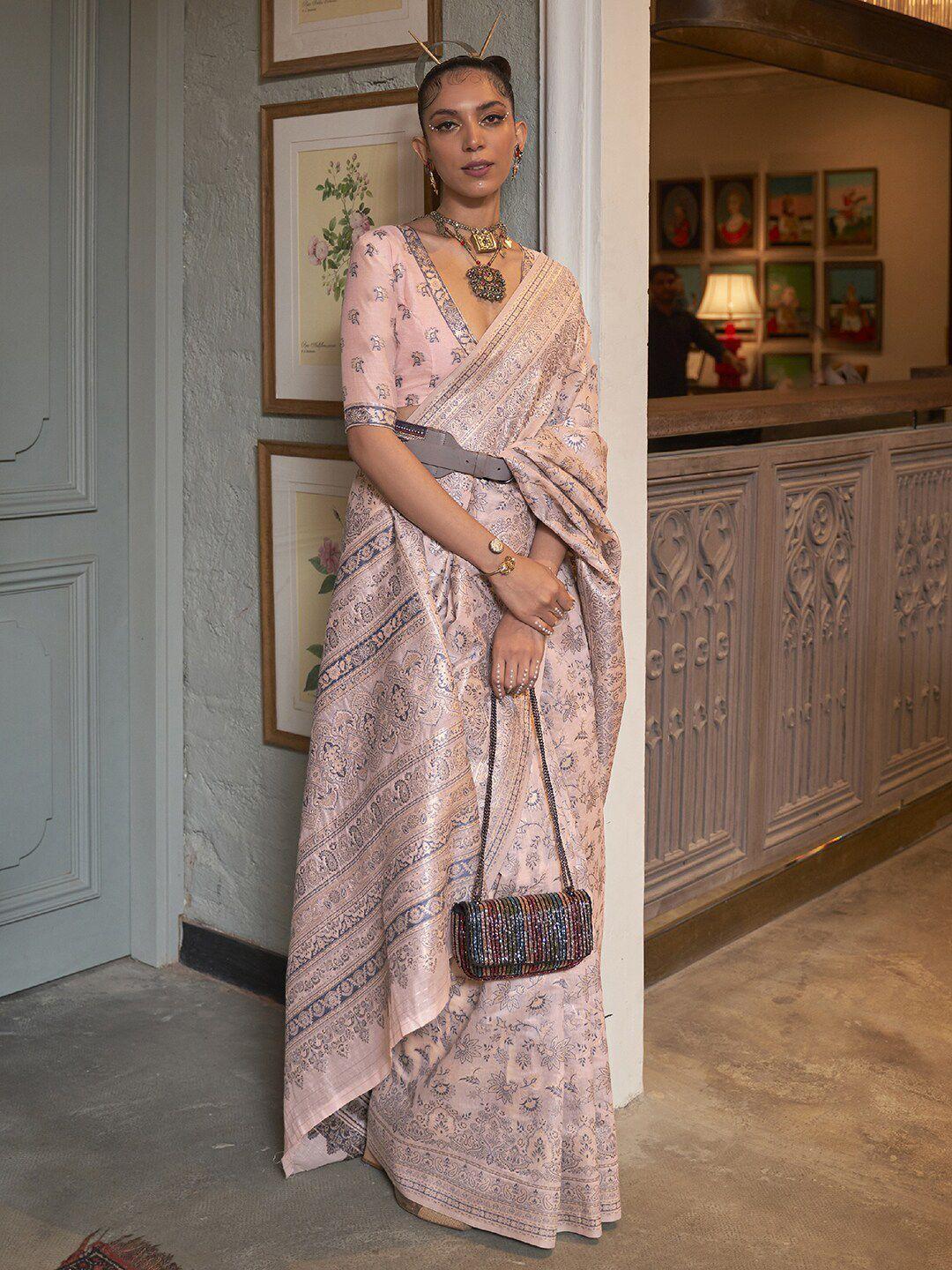 mitera peach-coloured & grey ethnic motifs zari banarasi saree