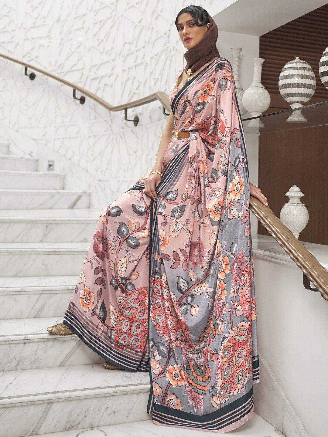 mitera peach-coloured & grey kalamkari pochampally saree