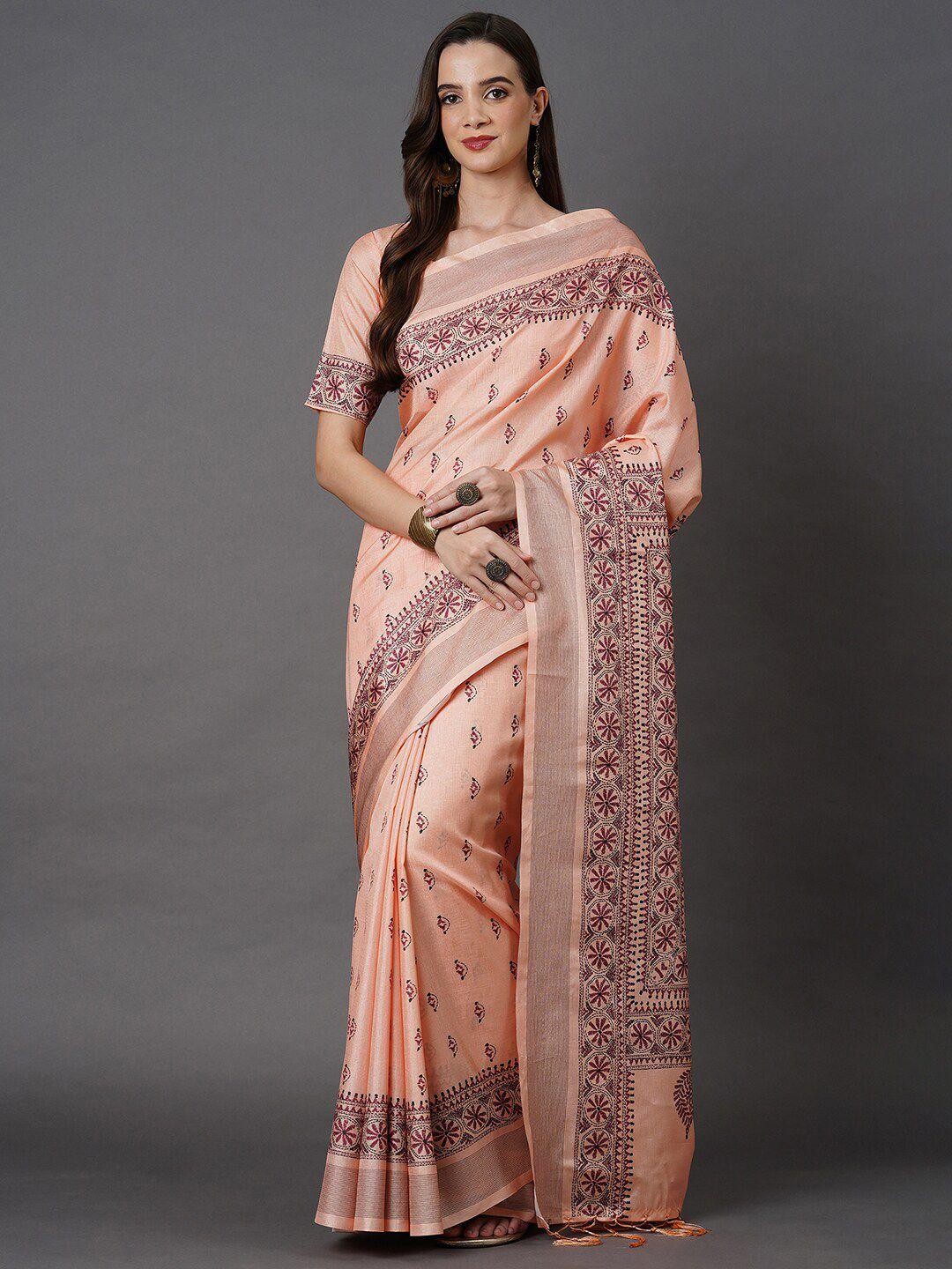 mitera peach-coloured & maroon floral art silk saree