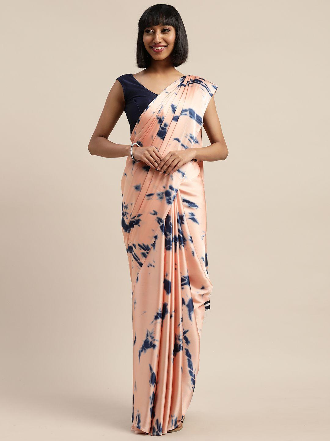 mitera peach-coloured & navy blue poly crepe ombre printed saree