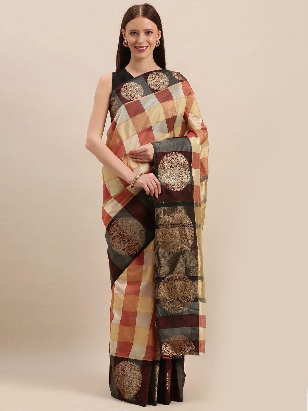 mitera peach-coloured & off-white cotton blend checked kanjeevaram saree