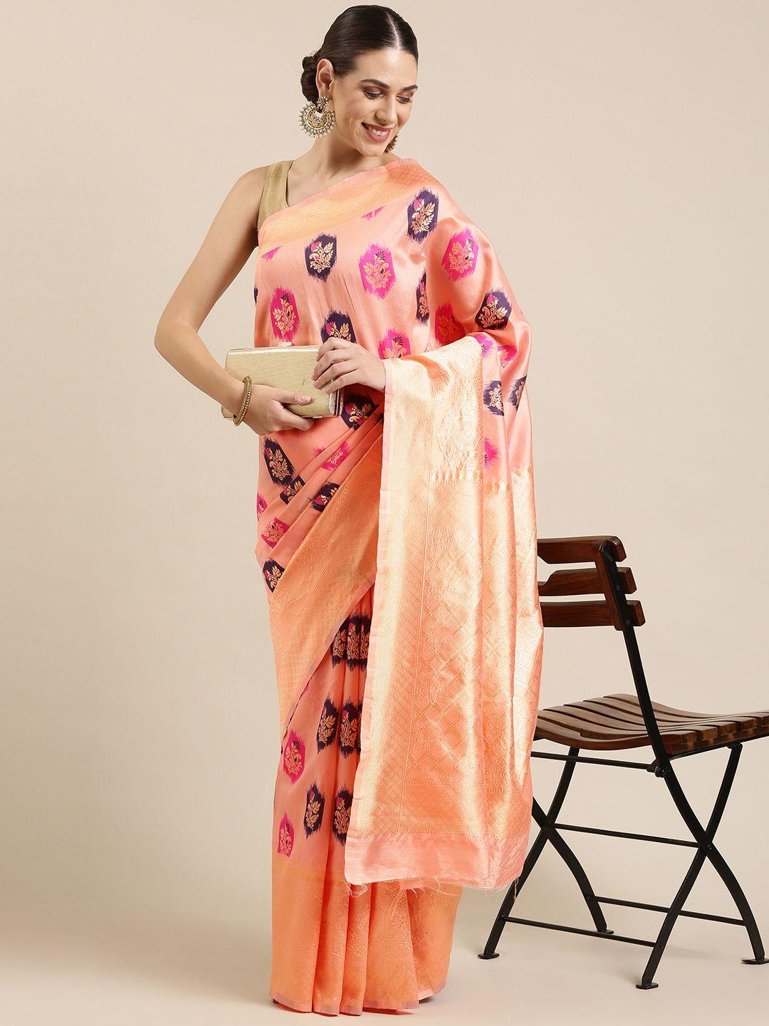 mitera peach-coloured & pink ethnic motifs zari saree