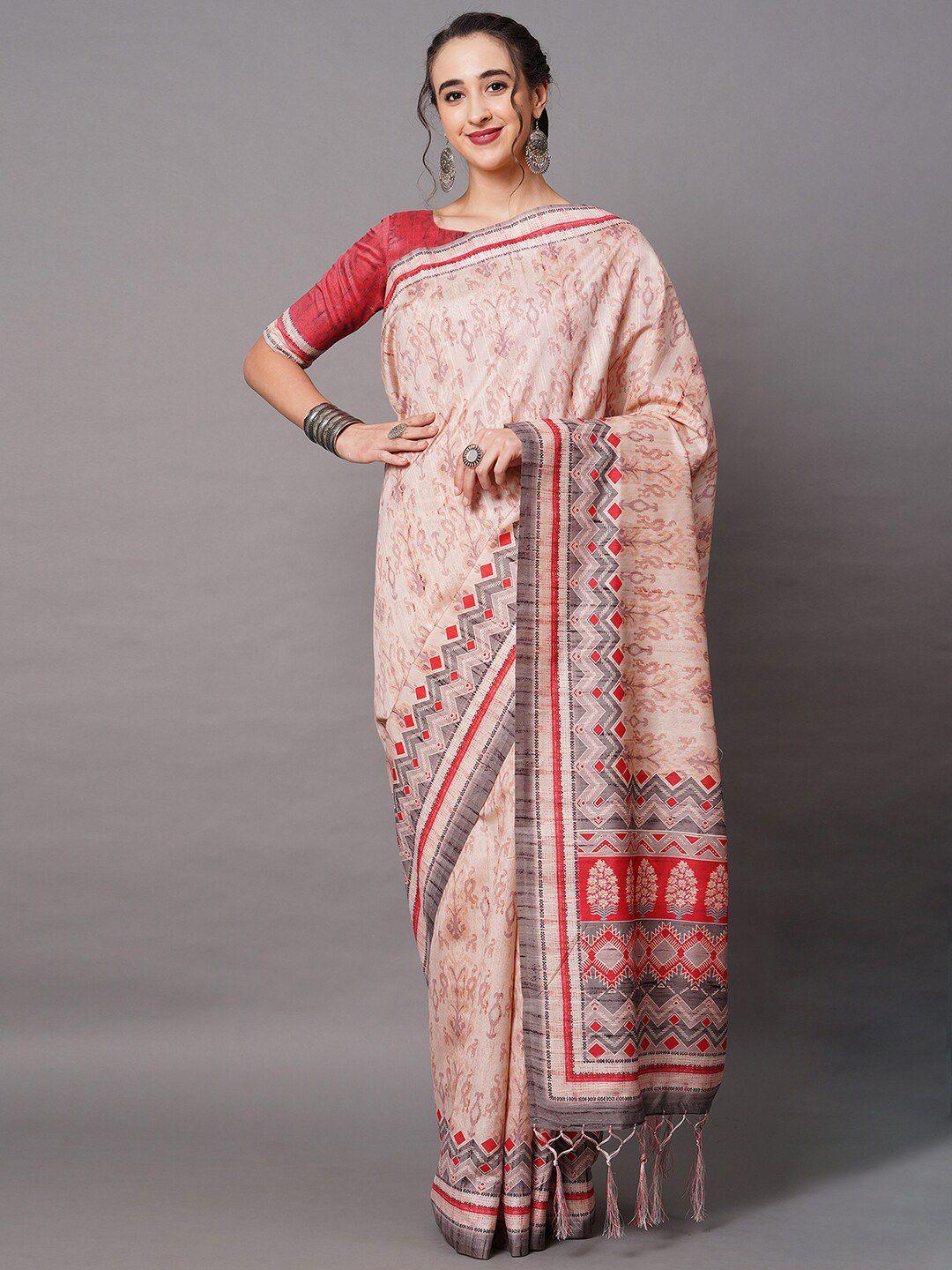 mitera peach-coloured & red art silk geometric printed saree