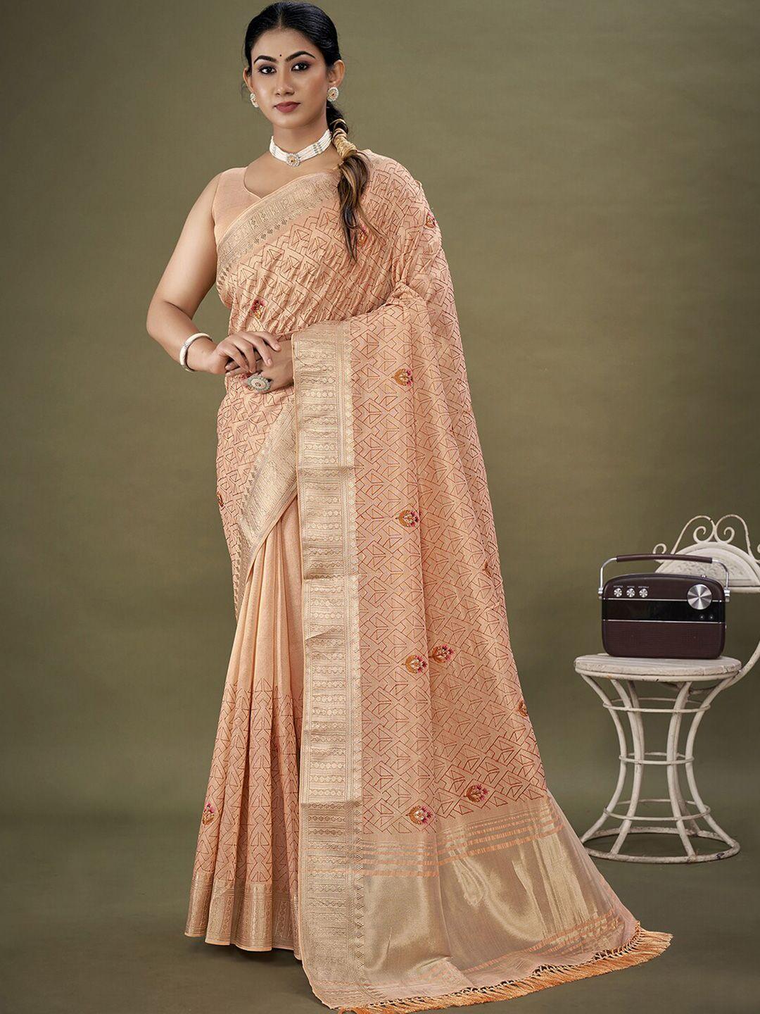 mitera peach-coloured & red ethnic motifs embroidered zari organza saree