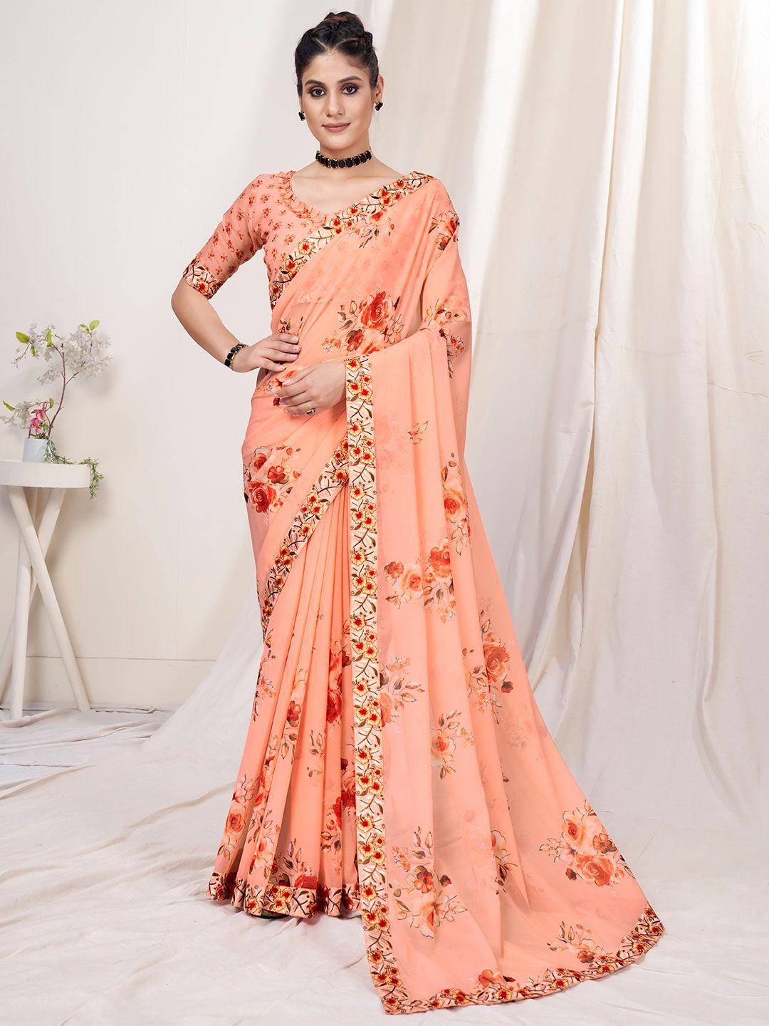 mitera peach-coloured & red floral poly georgette saree