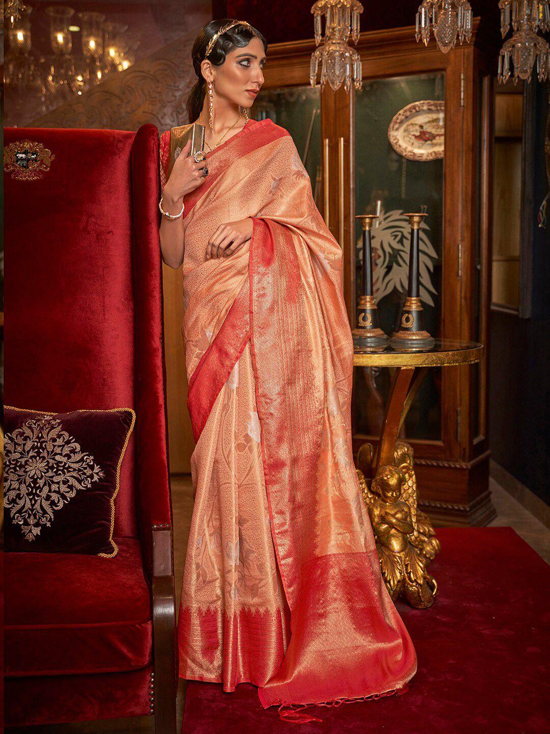 mitera peach-coloured & red floral zari silk blend banarasi saree