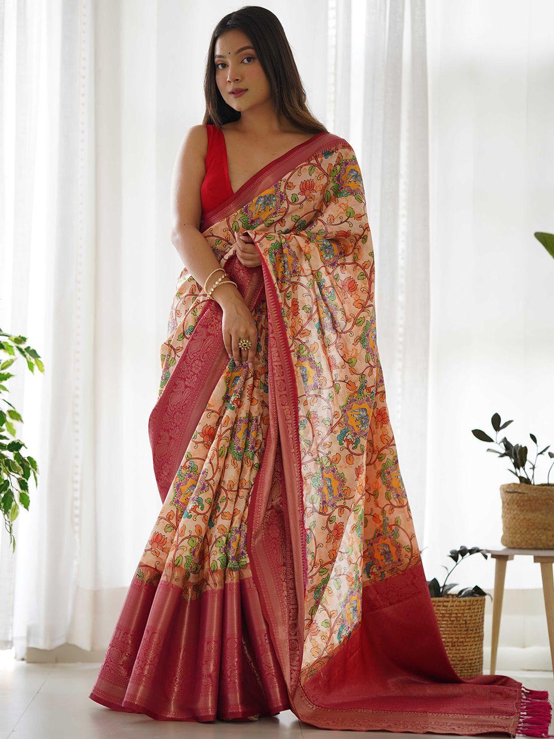 mitera peach-coloured & red kalamkari zari silk blend saree