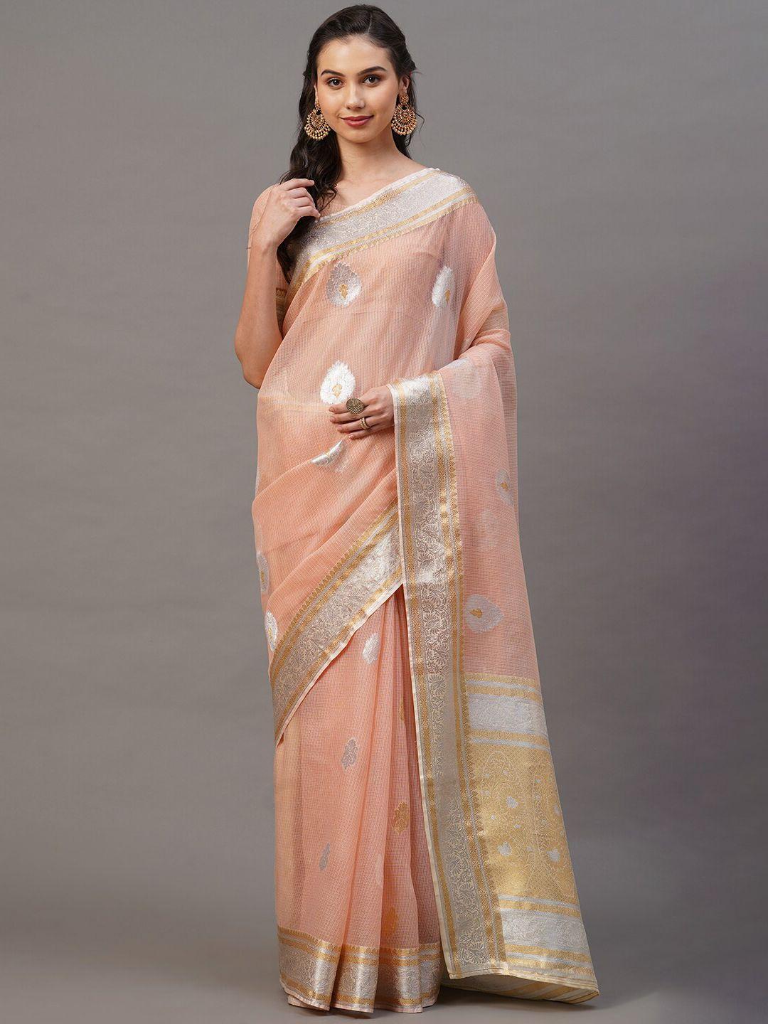 mitera peach-coloured & silver ethnic motifs silk blend banarasi saree