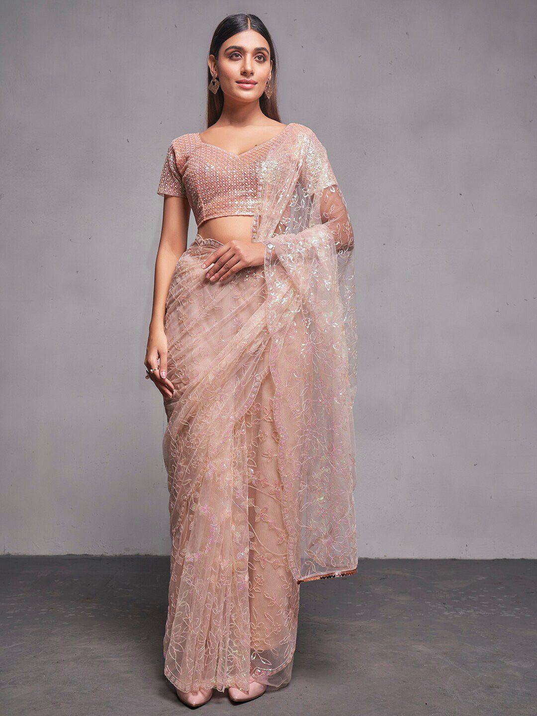 mitera peach-coloured & silver-toned ethnic motifs embroidered net saree