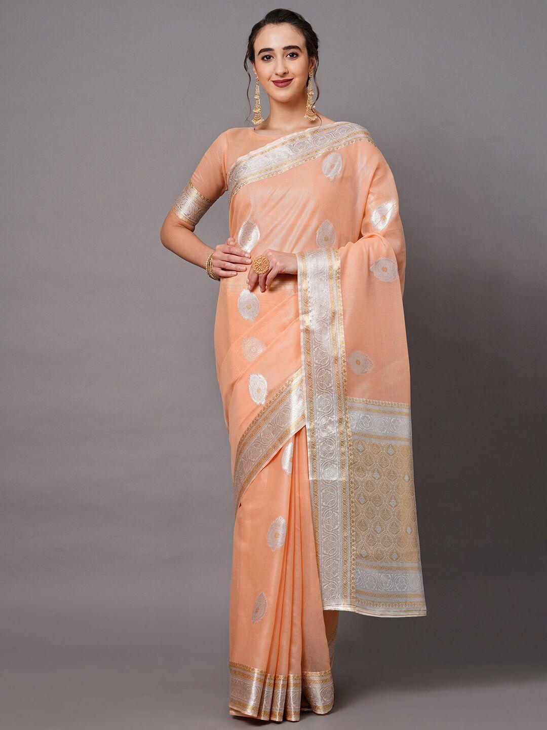 mitera peach-coloured & silver-toned floral banarasi saree