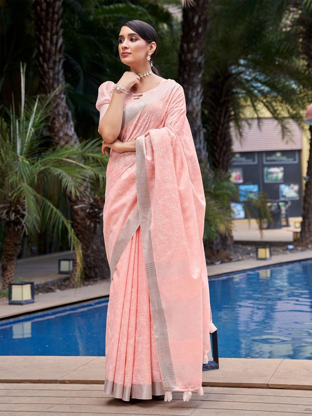 mitera peach-coloured & silver-toned floral embroidered pure linen banarasi saree