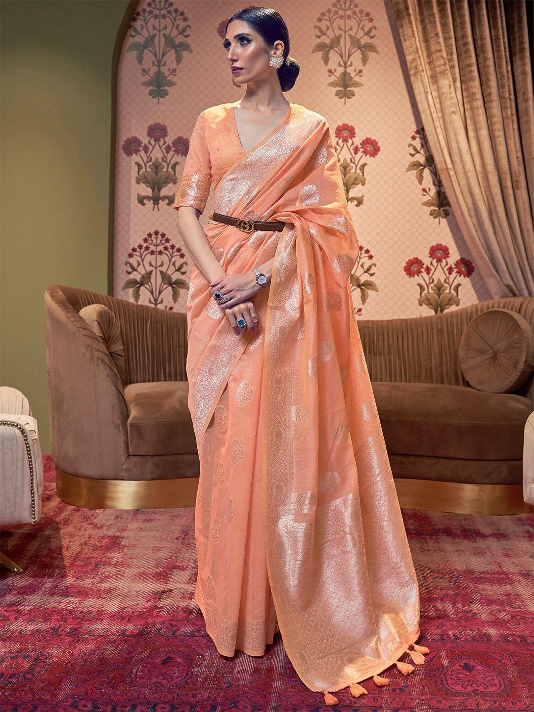 mitera peach-coloured & silver-toned floral zari pure linen banarasi saree