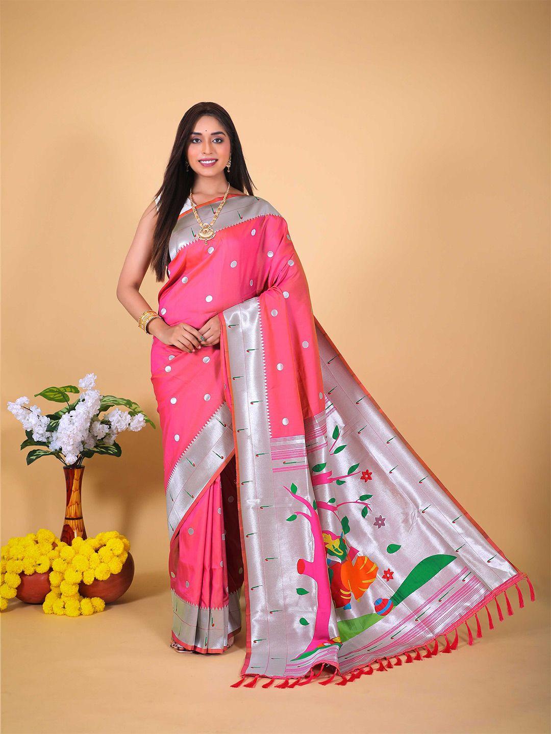 mitera peach-coloured & silver-toned geometric woven design zari paithani saree