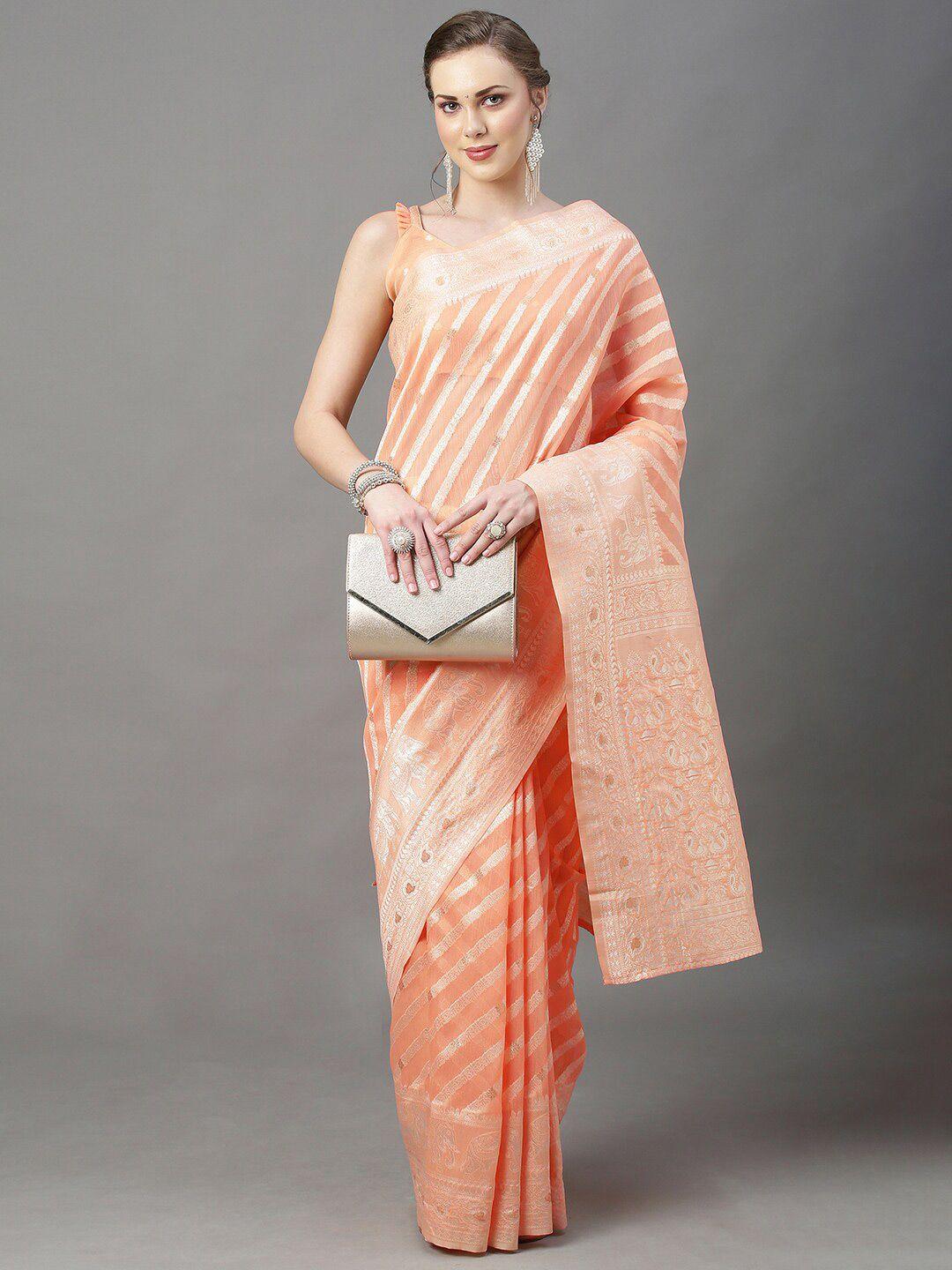 mitera peach-coloured & silver-toned woven design zari silk cotton  saree