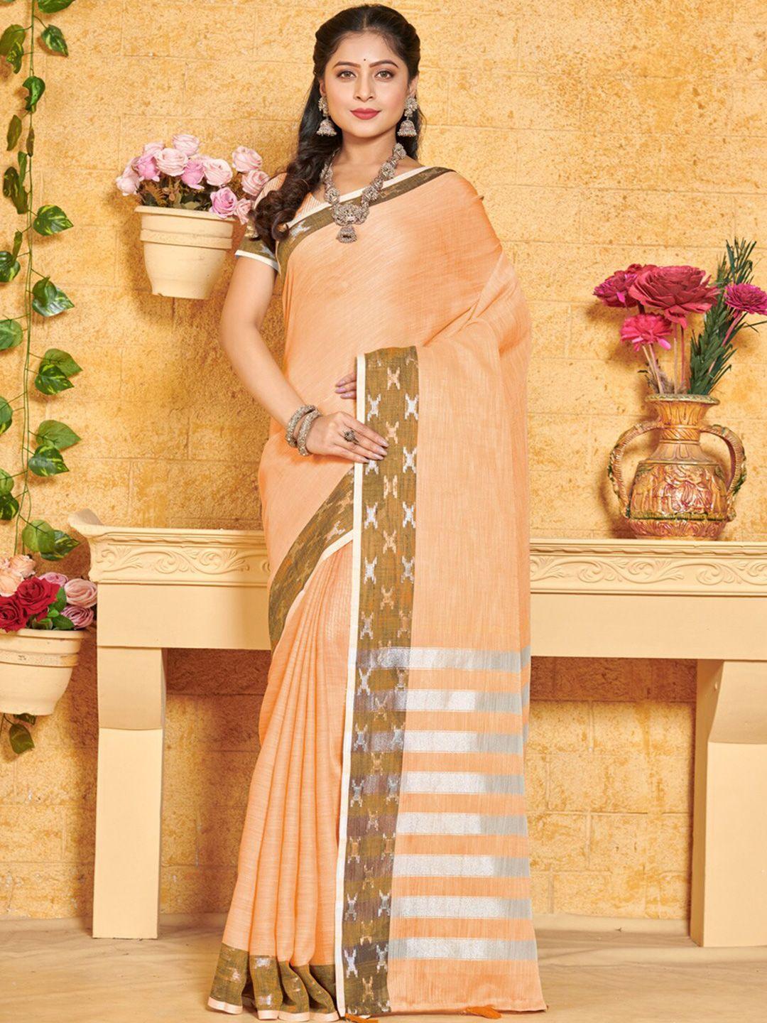 mitera peach-coloured & silver-toned zari linen blend saree