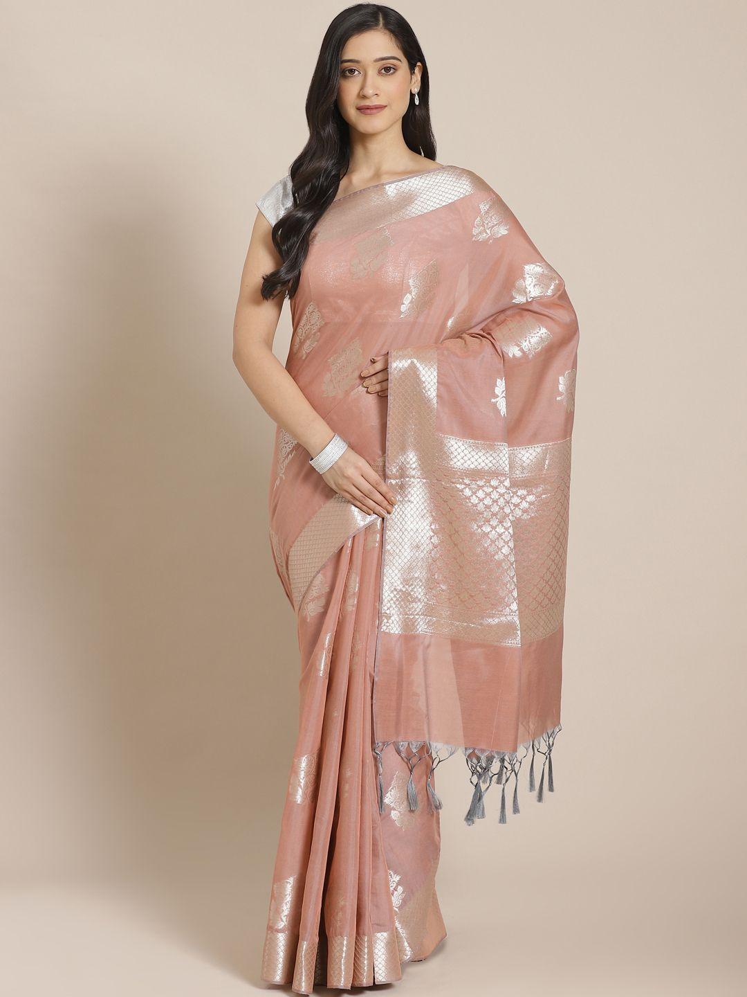 mitera peach-coloured & silver zari woven design banarasi saree