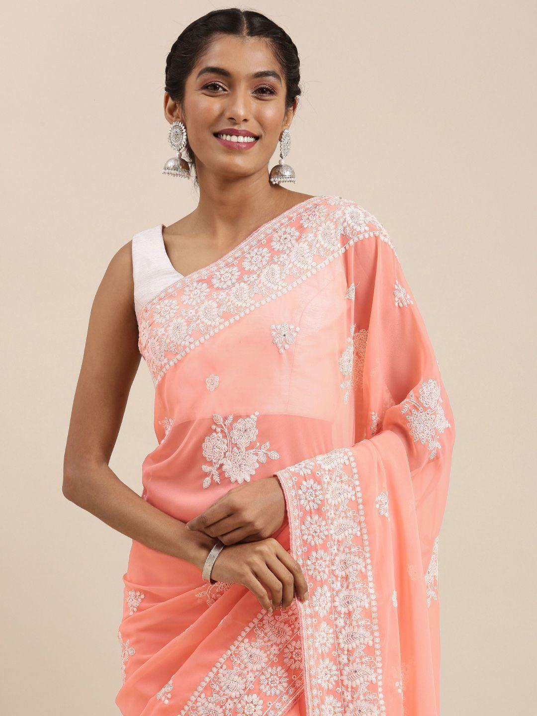 mitera peach-coloured & white ethnic motifs embroidered pure georgette saree