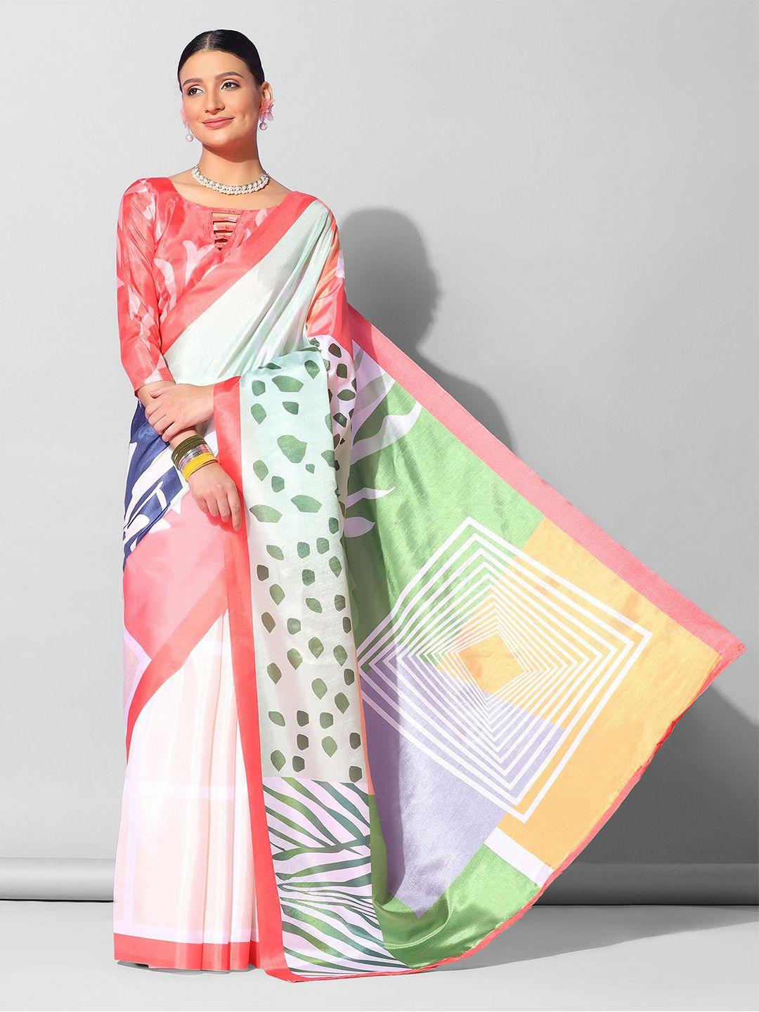 mitera peach-coloured & white geometric printed saree