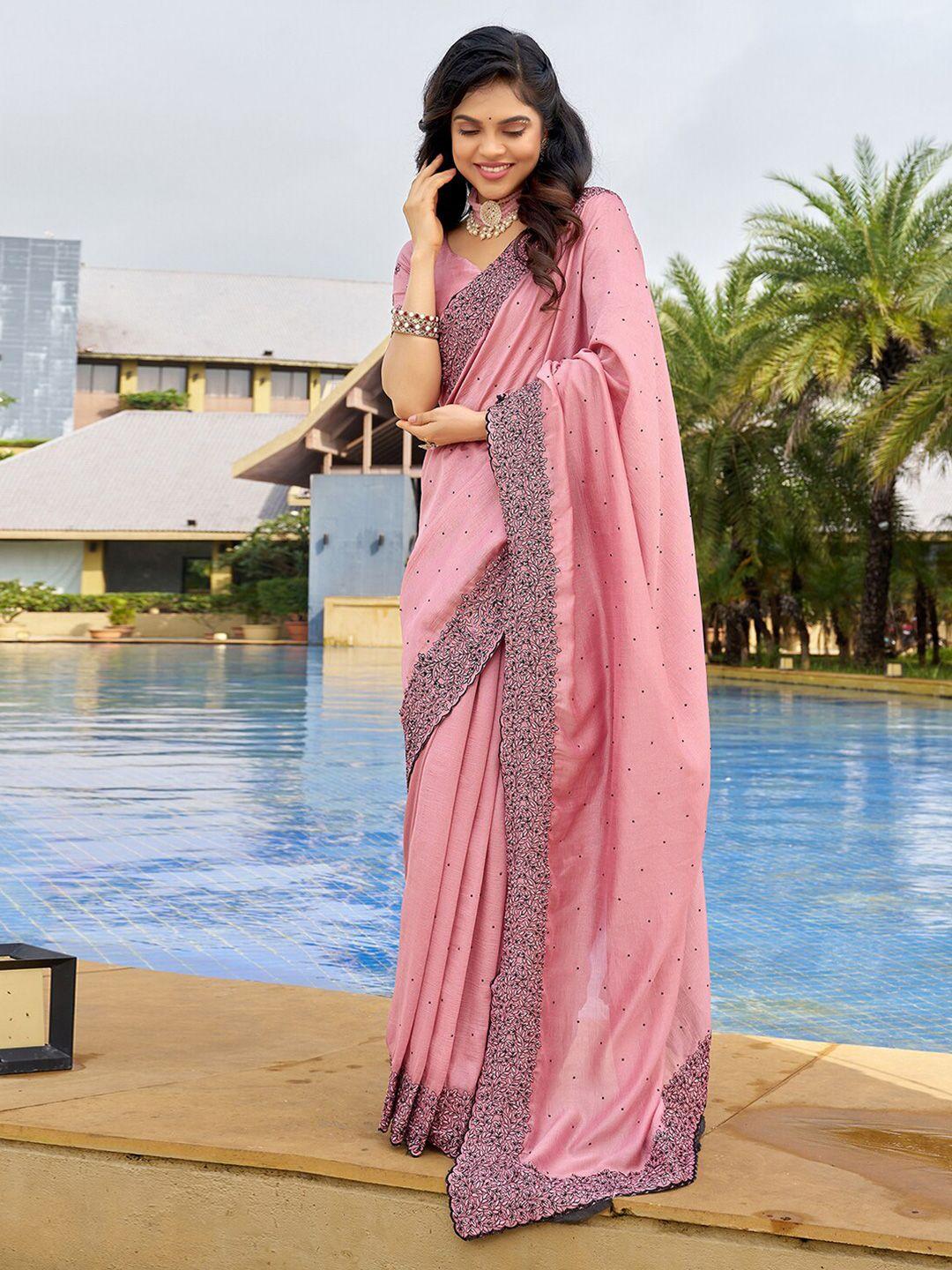 mitera peach-coloured embellished beads and stones art silk saree