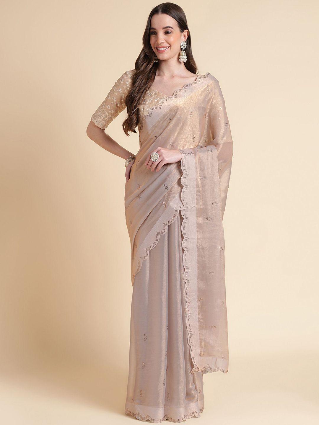 mitera peach-coloured embellished beads and stones pure chiffon saree