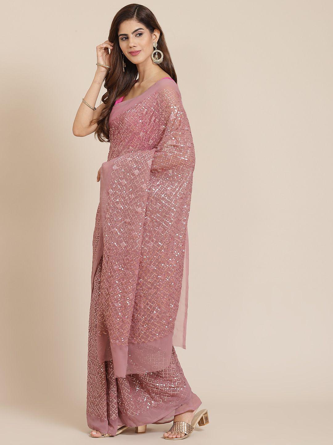 mitera peach-coloured embellished sequinned pure georgette saree