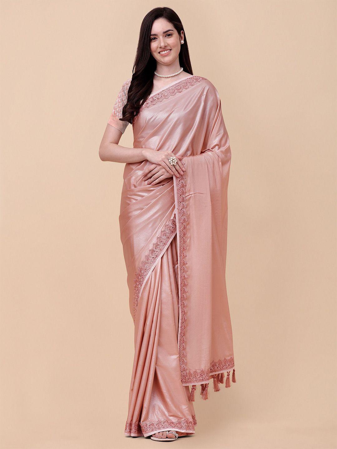 mitera peach-coloured embroidered satin saree