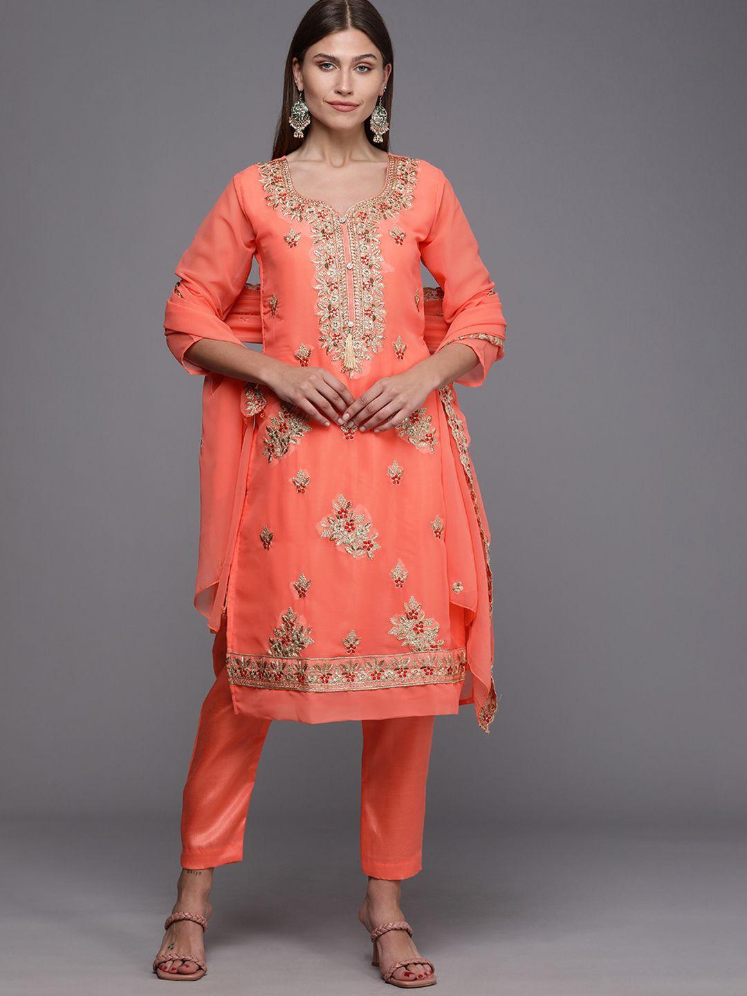 mitera peach-coloured embroidered unstitched dress material