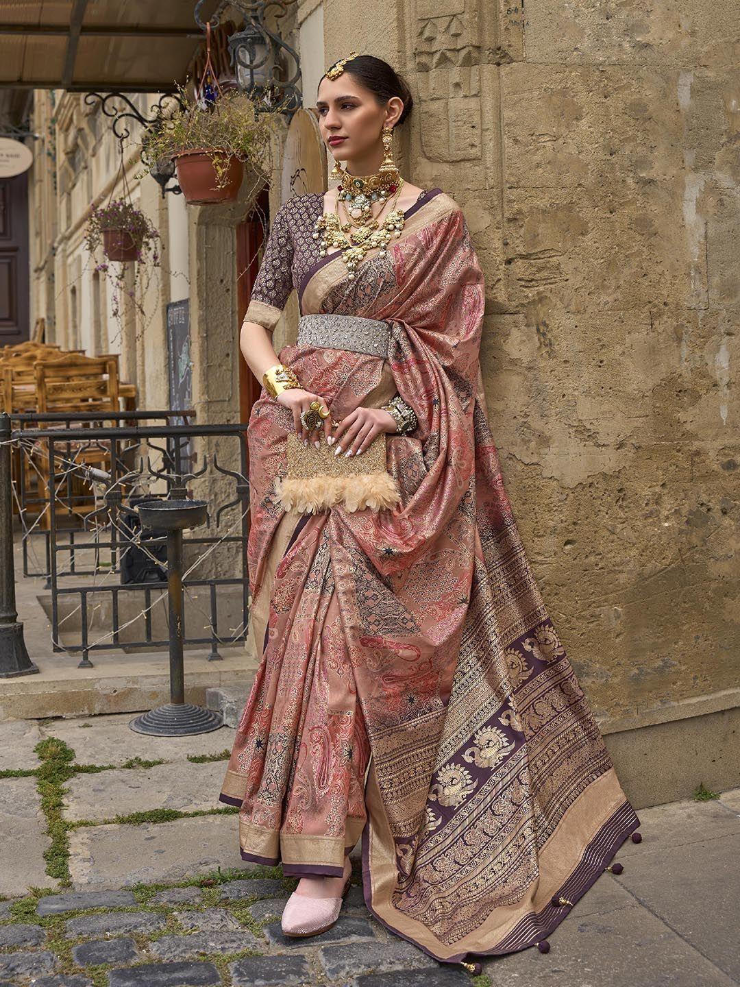 mitera peach-coloured ethnic motifs printed zari saree