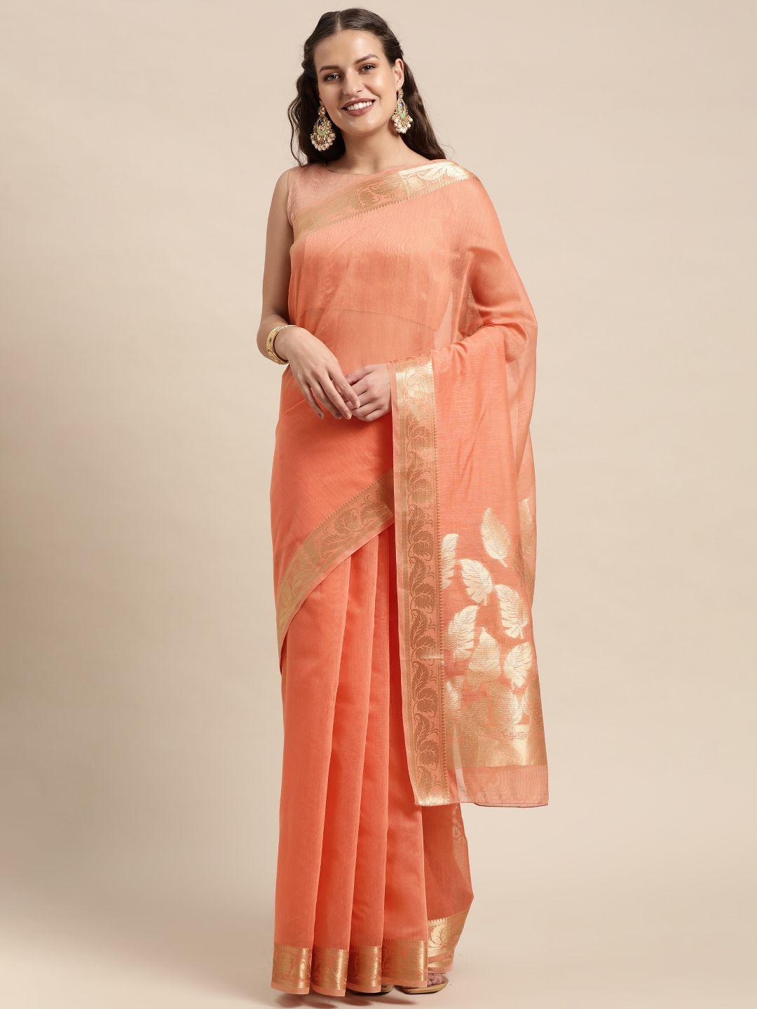 mitera peach-coloured ethnic motifs zari linen blend taant saree