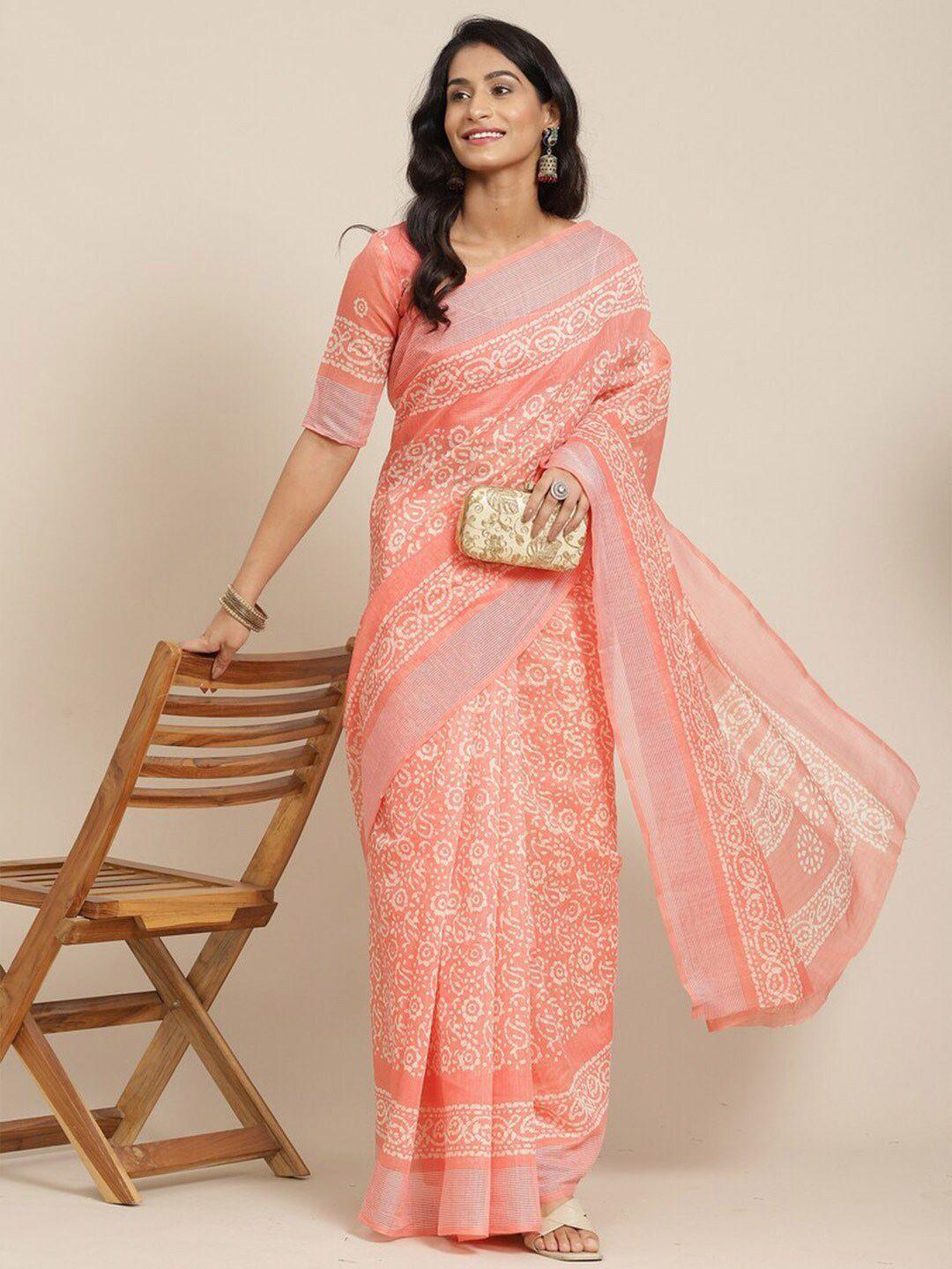 mitera peach-coloured floral designer block print saree