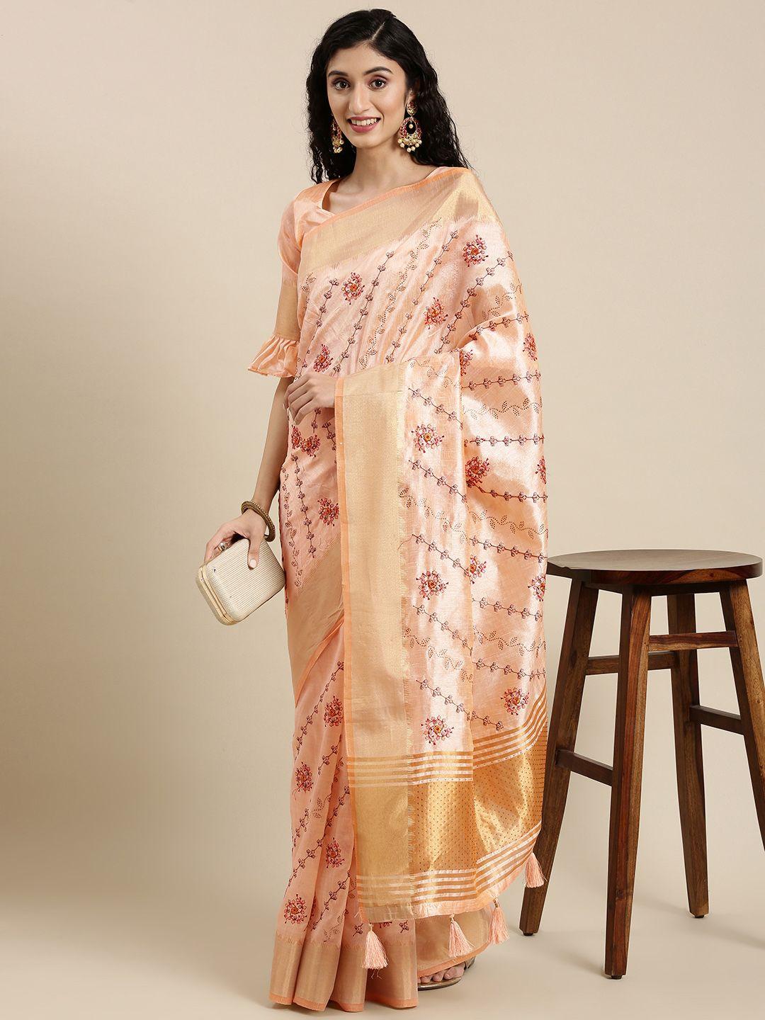 mitera peach-coloured floral embroidered saree
