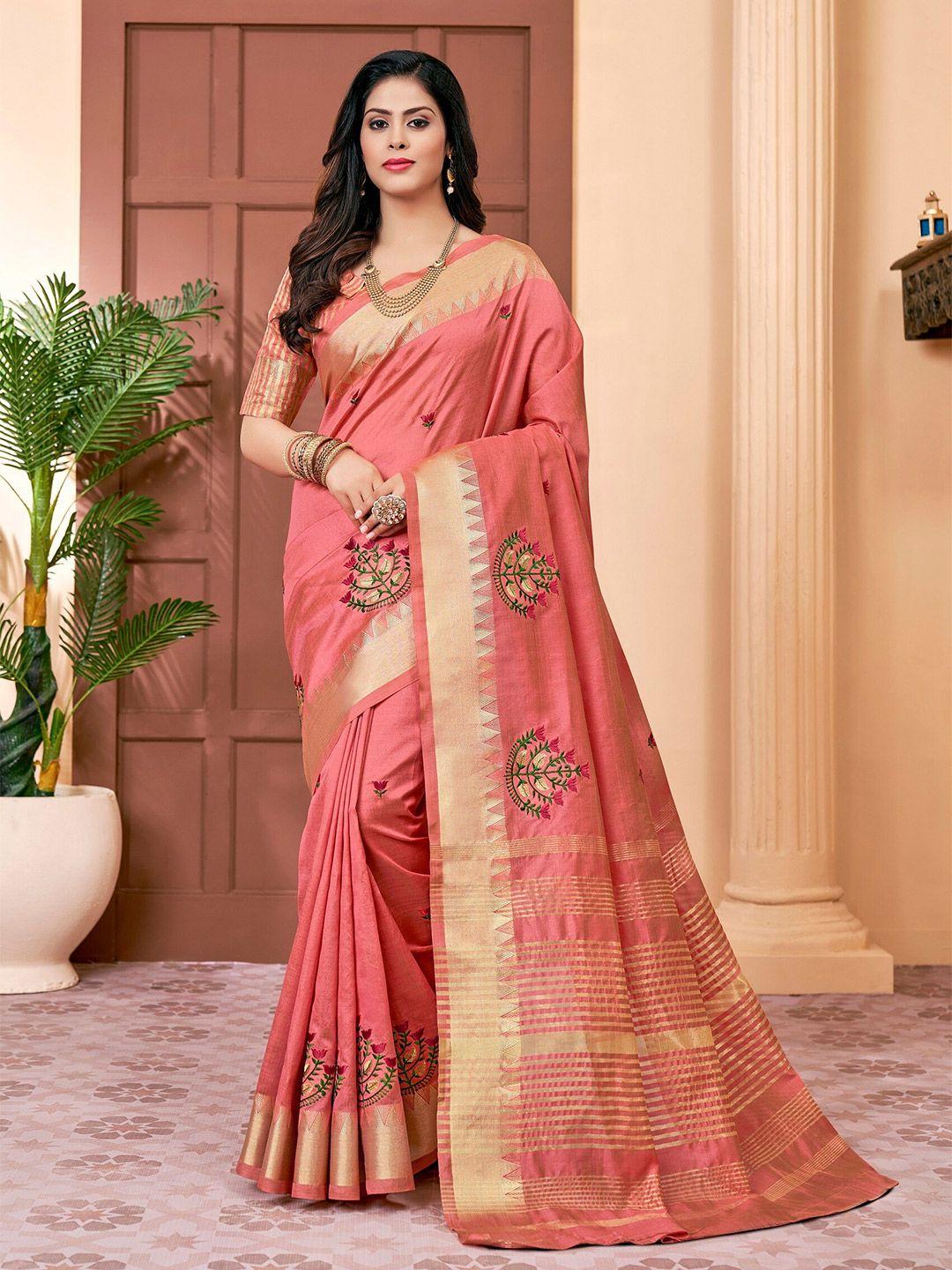 mitera peach-coloured floral embroidered silk cotton designer banarasi saree