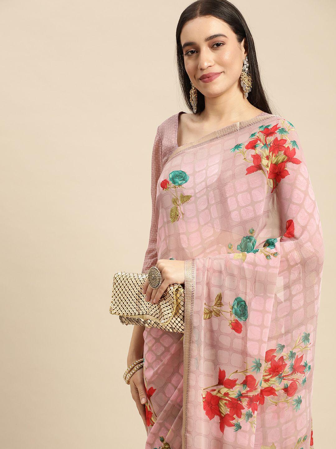 mitera peach-coloured floral pure georgette saree