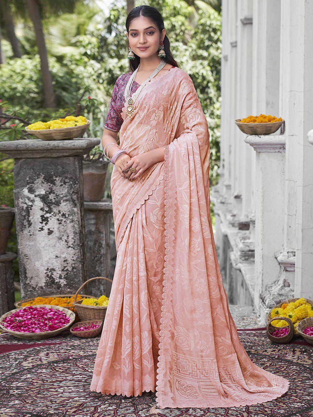 mitera peach-coloured floral woven design beads & stones silk blend saree