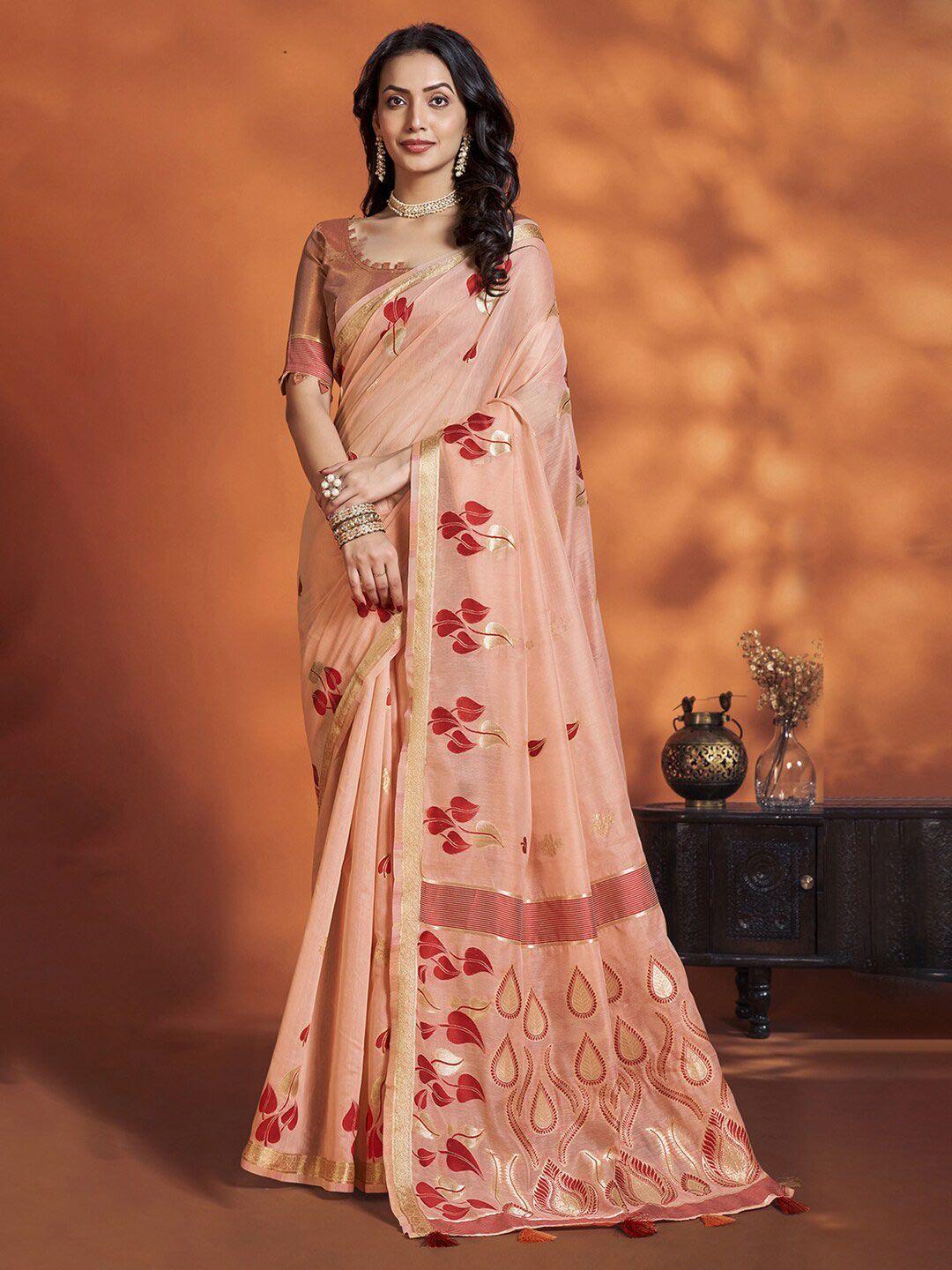 mitera peach-coloured floral zari designer banarasi saree