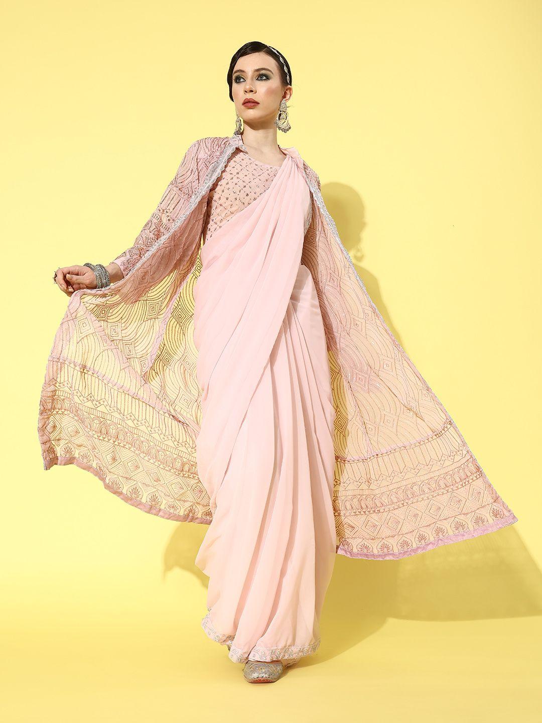 mitera peach-coloured sequinned pure georgette saree with shrug