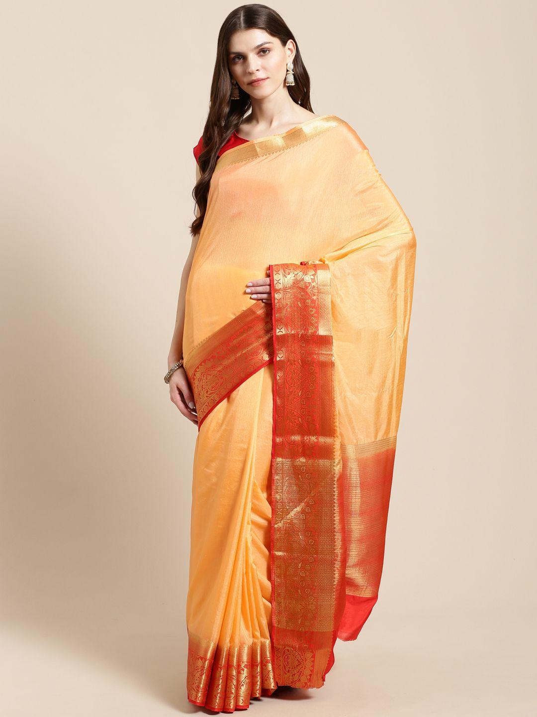 mitera peach-coloured solid zari kanjeevaram saree