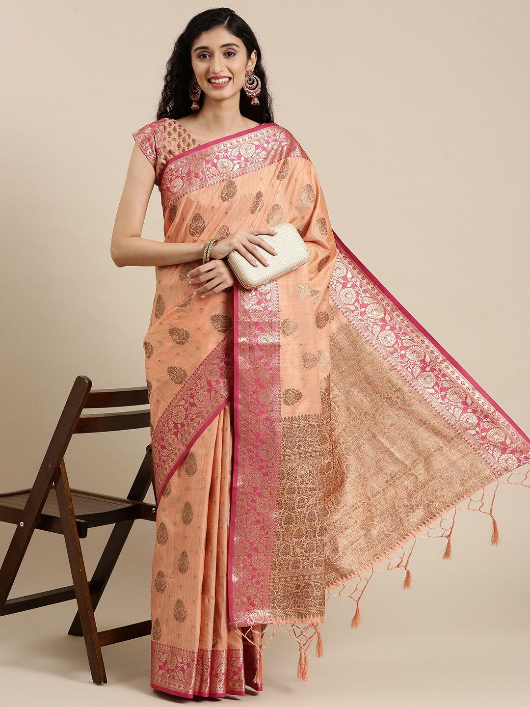 mitera peach-coloured woven design pure silk banarasi saree