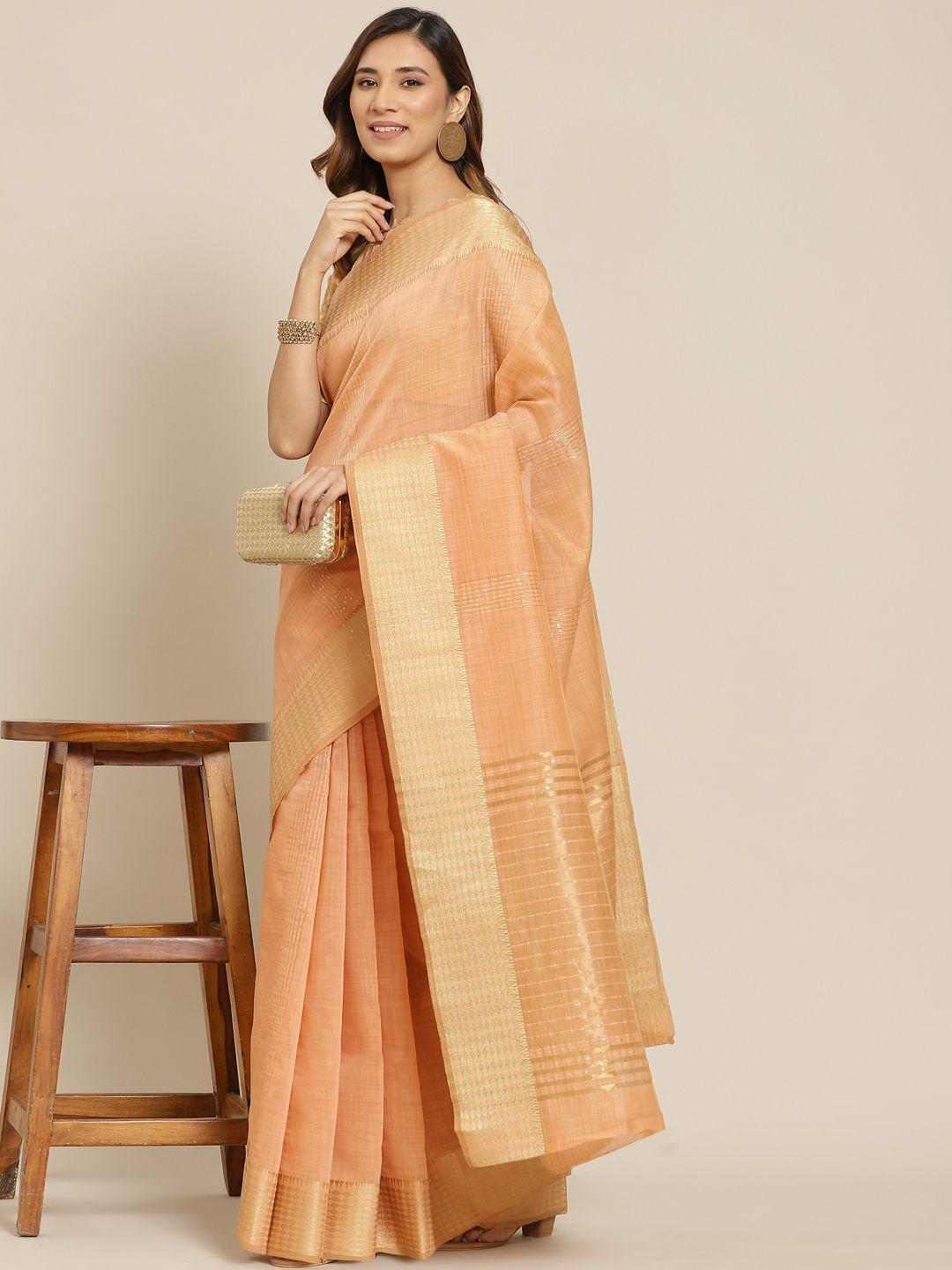 mitera peach-coloured zari linen blend saree