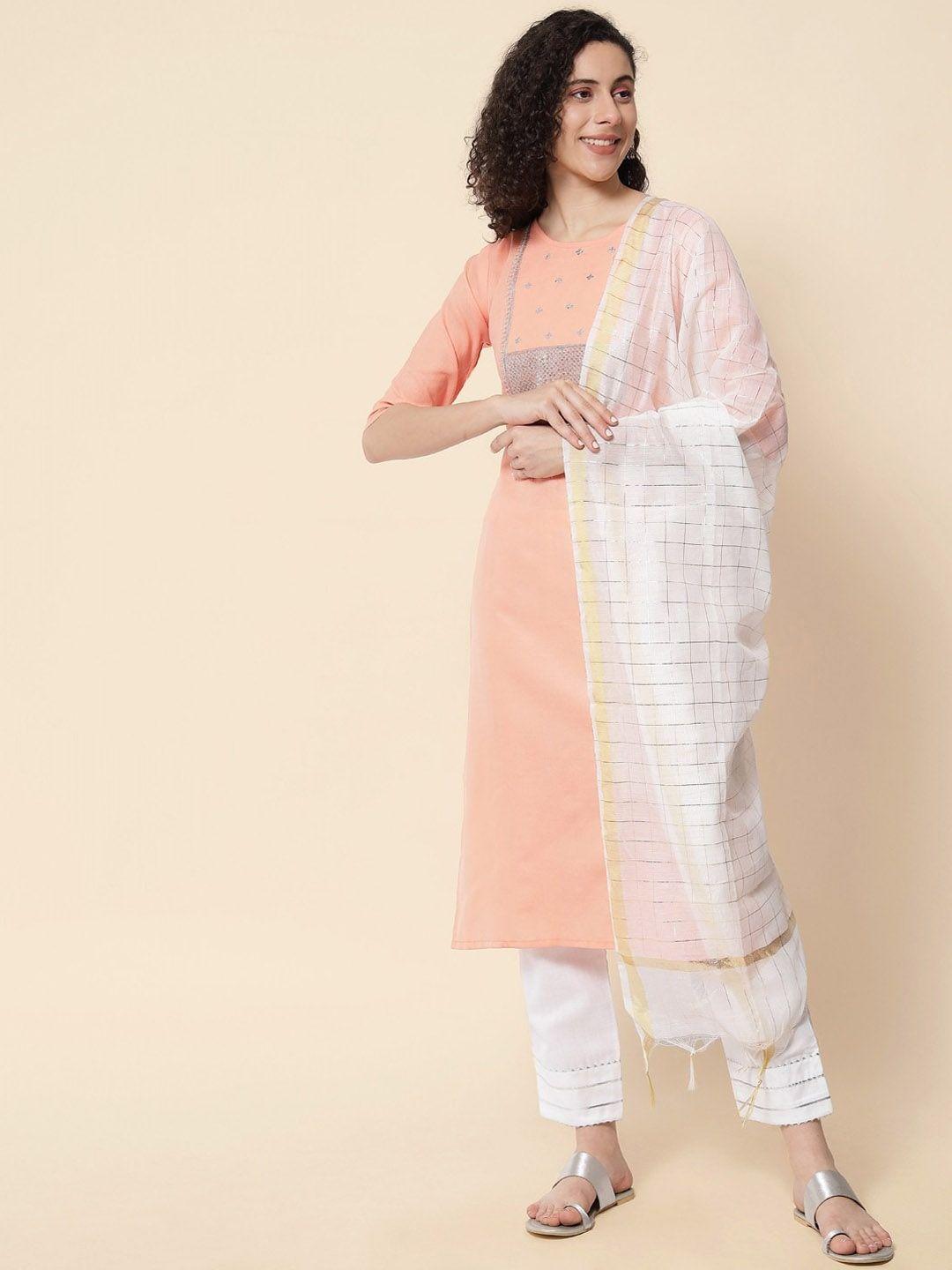 mitera peach ethnic motifs embroidered sequinned straight kurta & trousers with dupatta