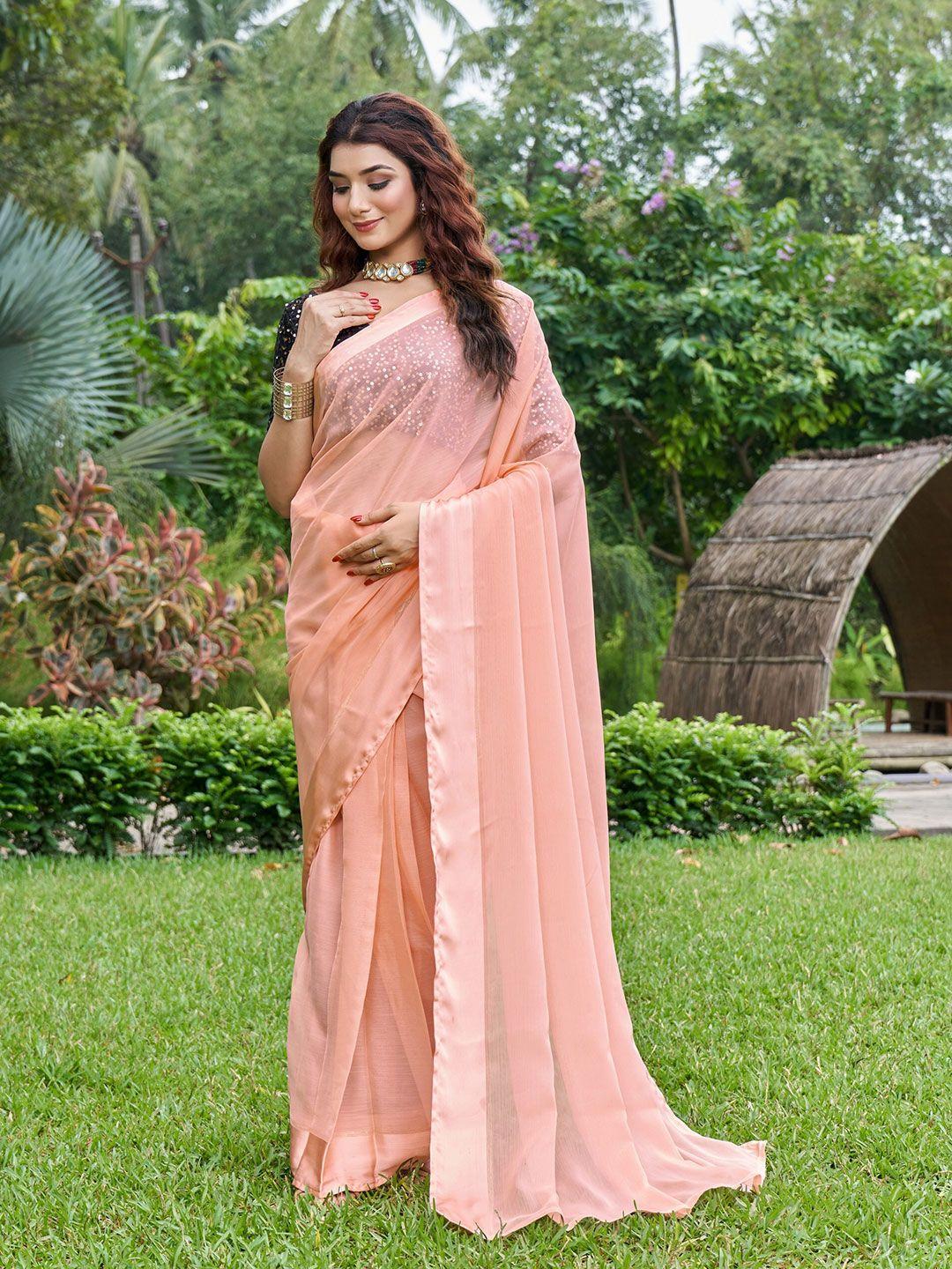 mitera pink & black mirror work pure chiffon ready to wear saree