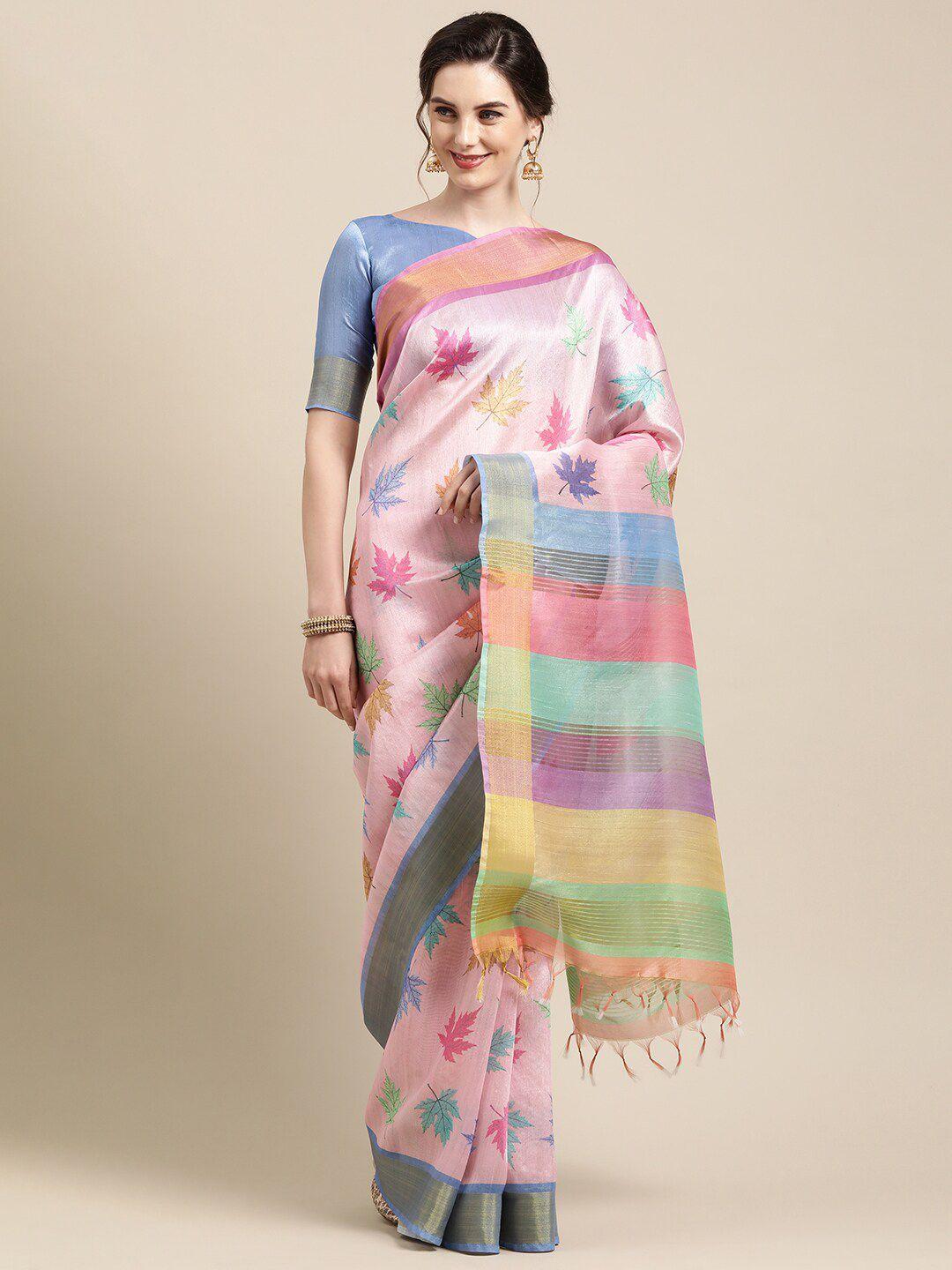 mitera pink & blue floral printed saree