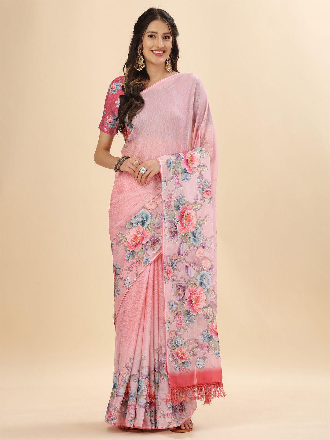 mitera pink & blue floral printed satin saree
