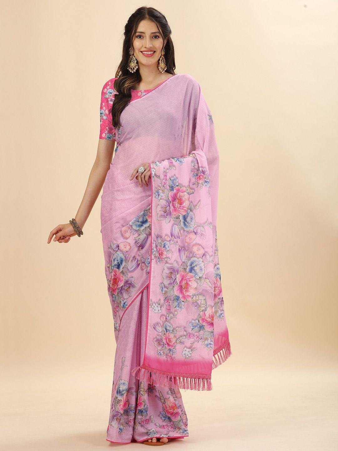 mitera pink & blue floral printed satin saree