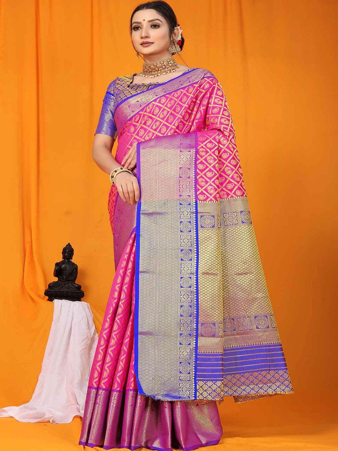 mitera pink & blue paisley woven design zari art silk saree