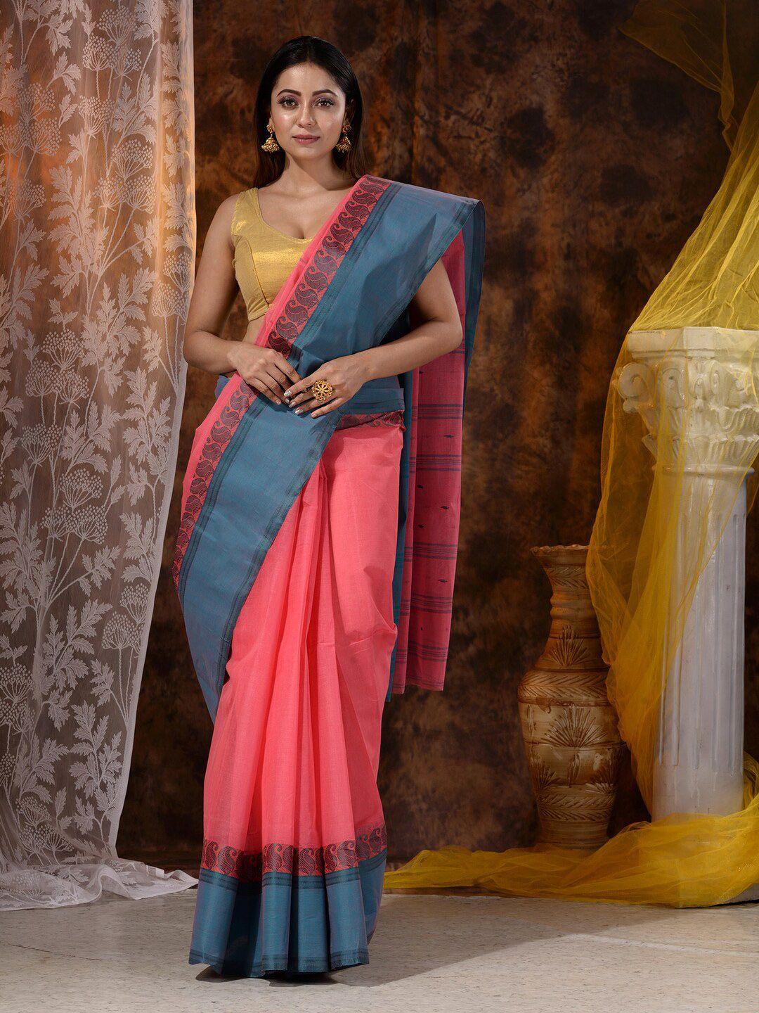 mitera pink & blue woven design pure cotton saree