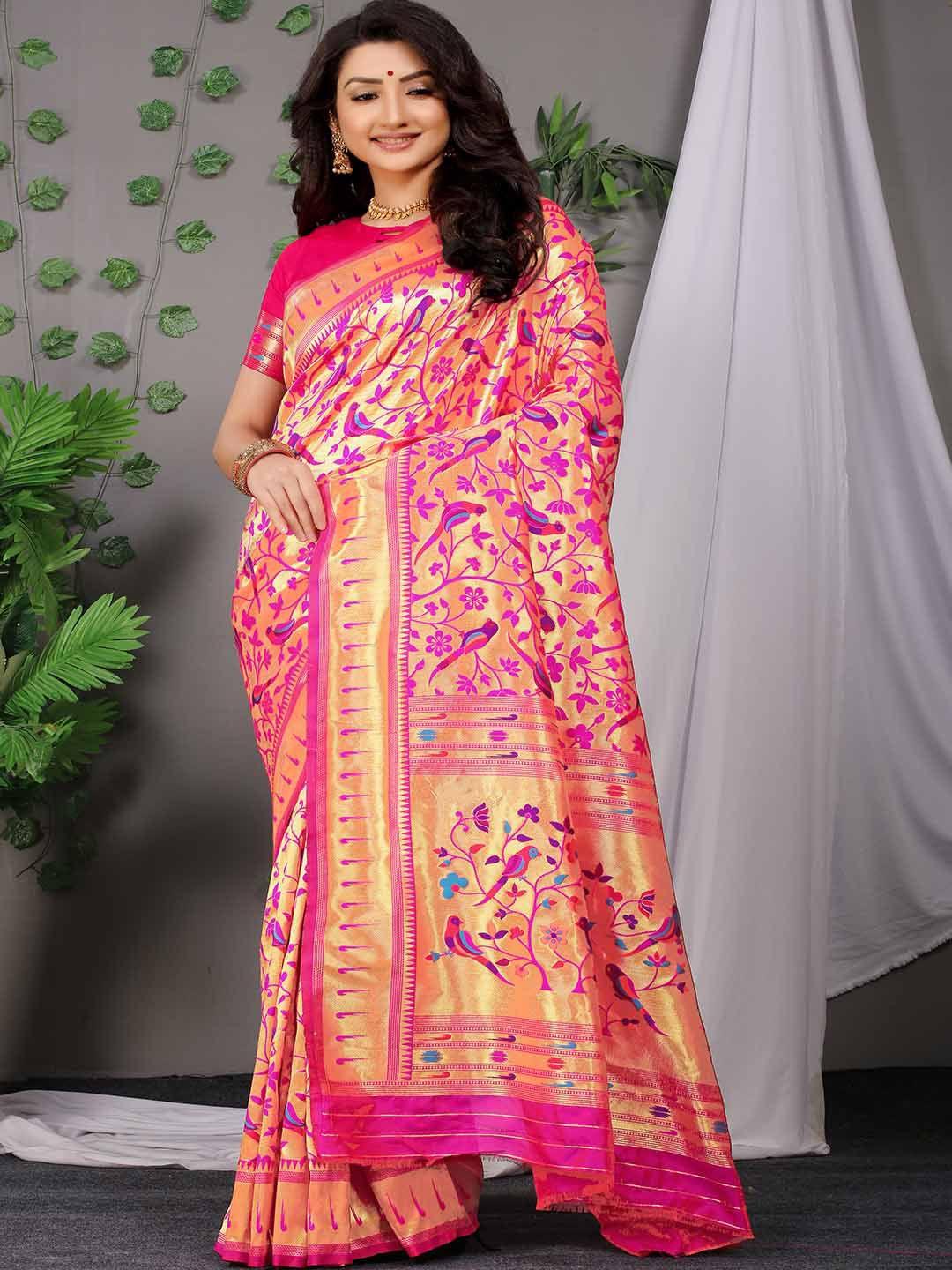 mitera pink & blue woven design zari art silk saree