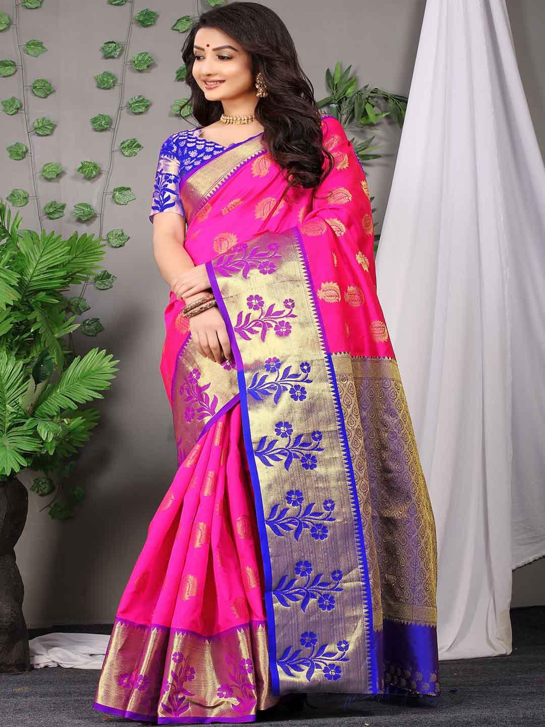 mitera pink & blue woven design zari saree