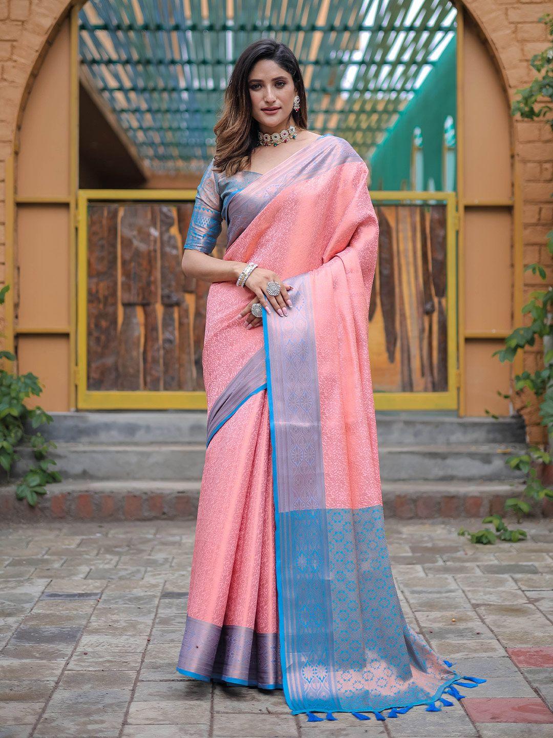 mitera pink & blue woven design zari silk blend kanjeevaram saree