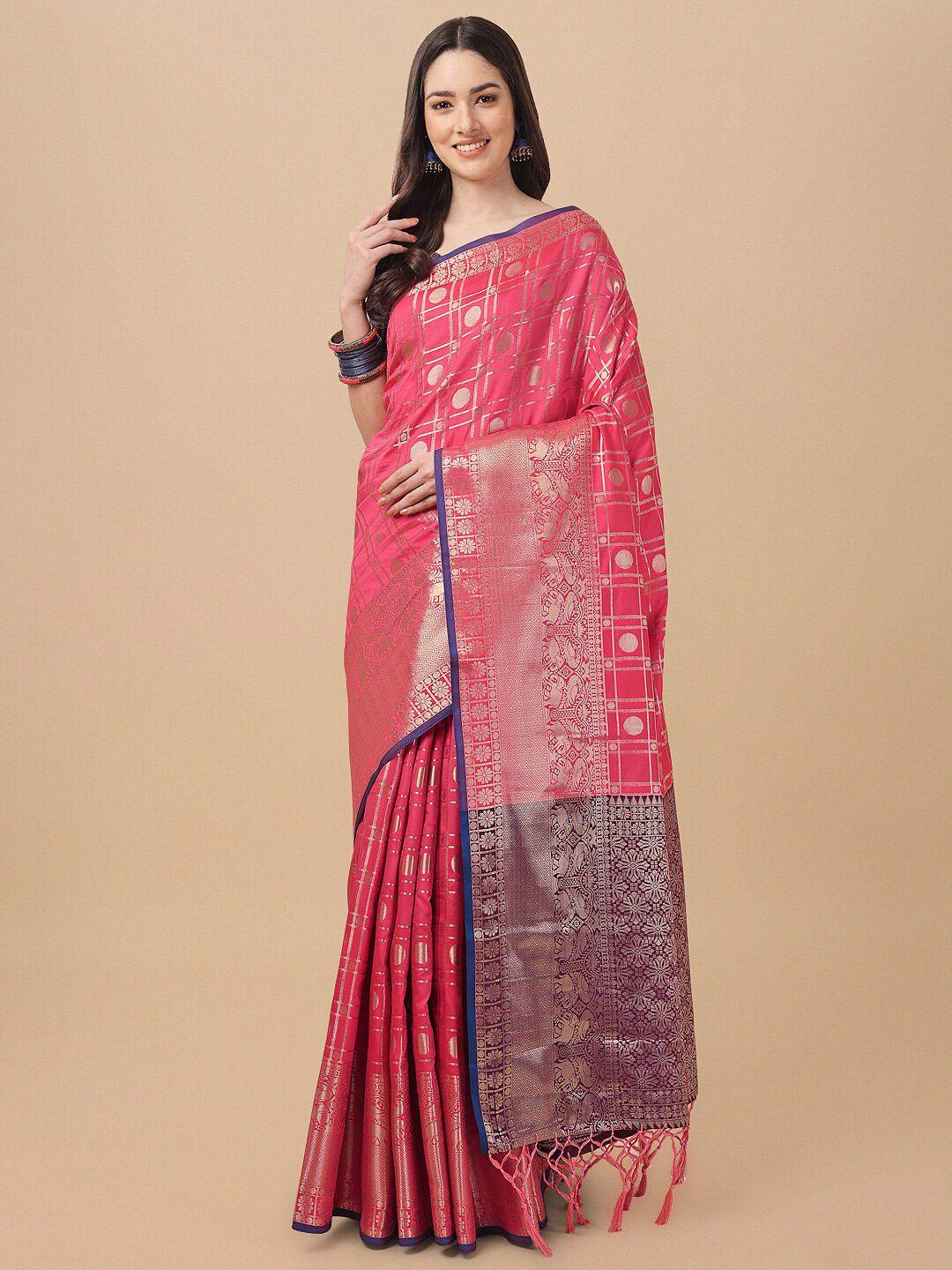 mitera pink & blue zari silk cotton banarasi saree